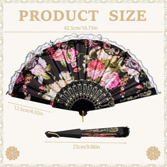 Elegant Floral Lace Folding Hand Fan – 6 Pieces Black with Colorful Roses - Picture 2 of 5